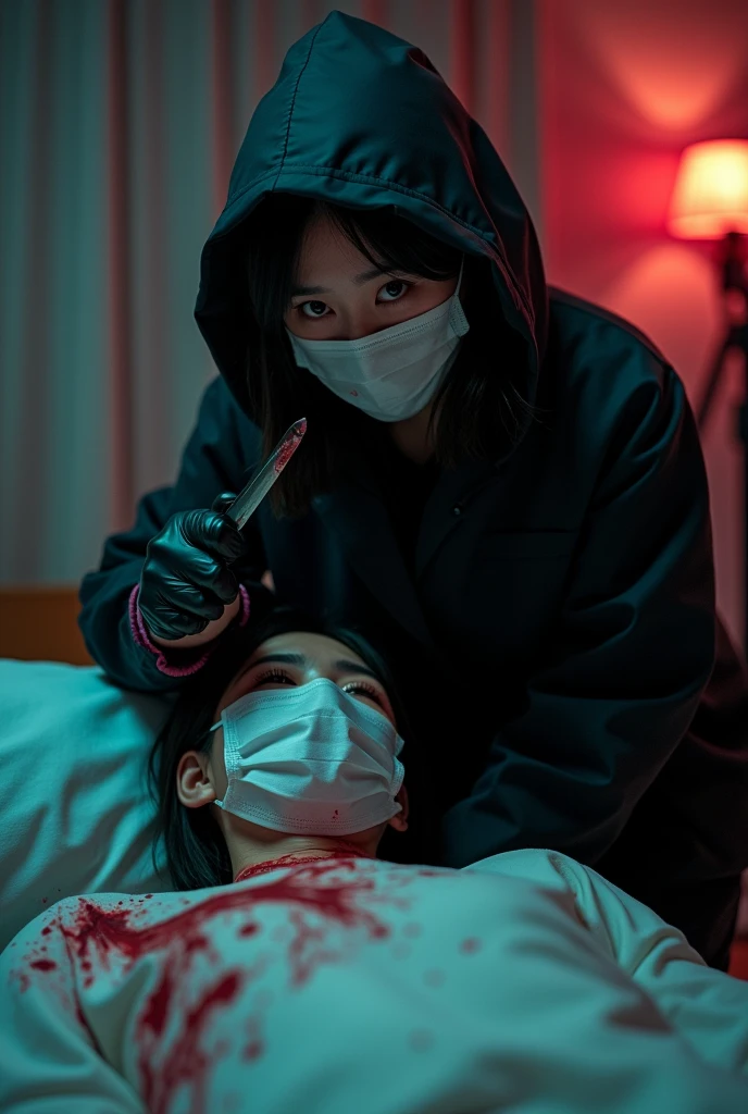 korean girl, (behind stiff, holding knife), surgical mask, black leather gloves, room, black raincoat, hood up, holding knife, leather gloves, woman on top, behind cadaver, looking at viewer, blood splatter, bed room, night, mass murderer, killer, short hair, blood splatter, dark atmosphere, cinematic lighting, atmospheric realistic, neon lighting, close-up, tripod and camera in the back, shooting with camera