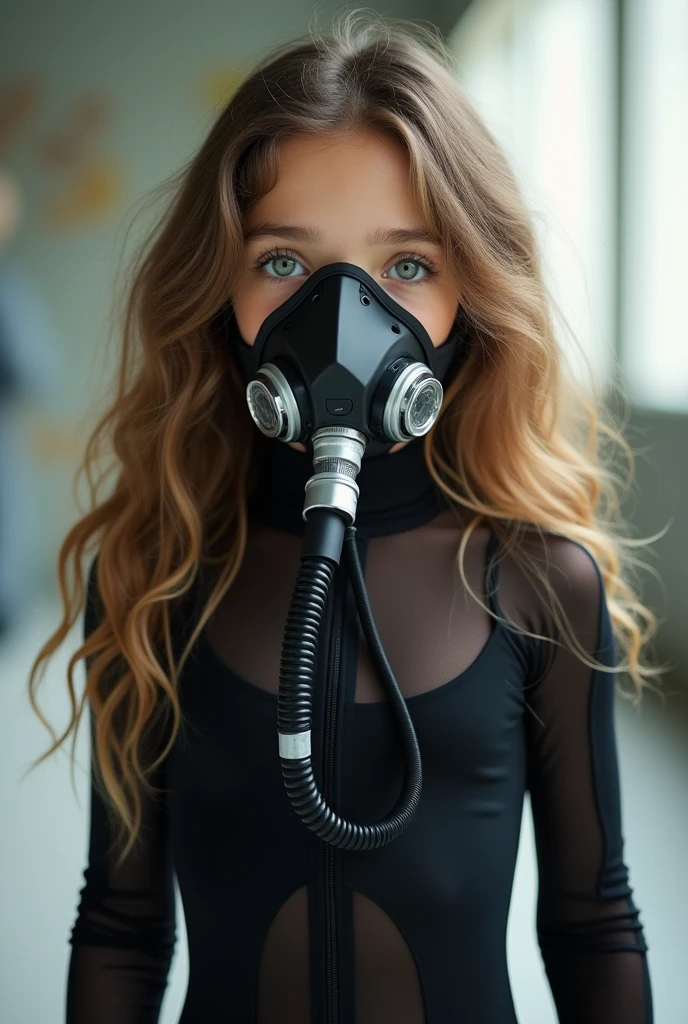 High quality full body photo of a beautiful and gorgeous  girl with long wavy brown hair wearing a black sheer tight-fitting rubber suit is wearing a nose and mouth covering type oxygen mask with a hose attached. She is not underwater.
