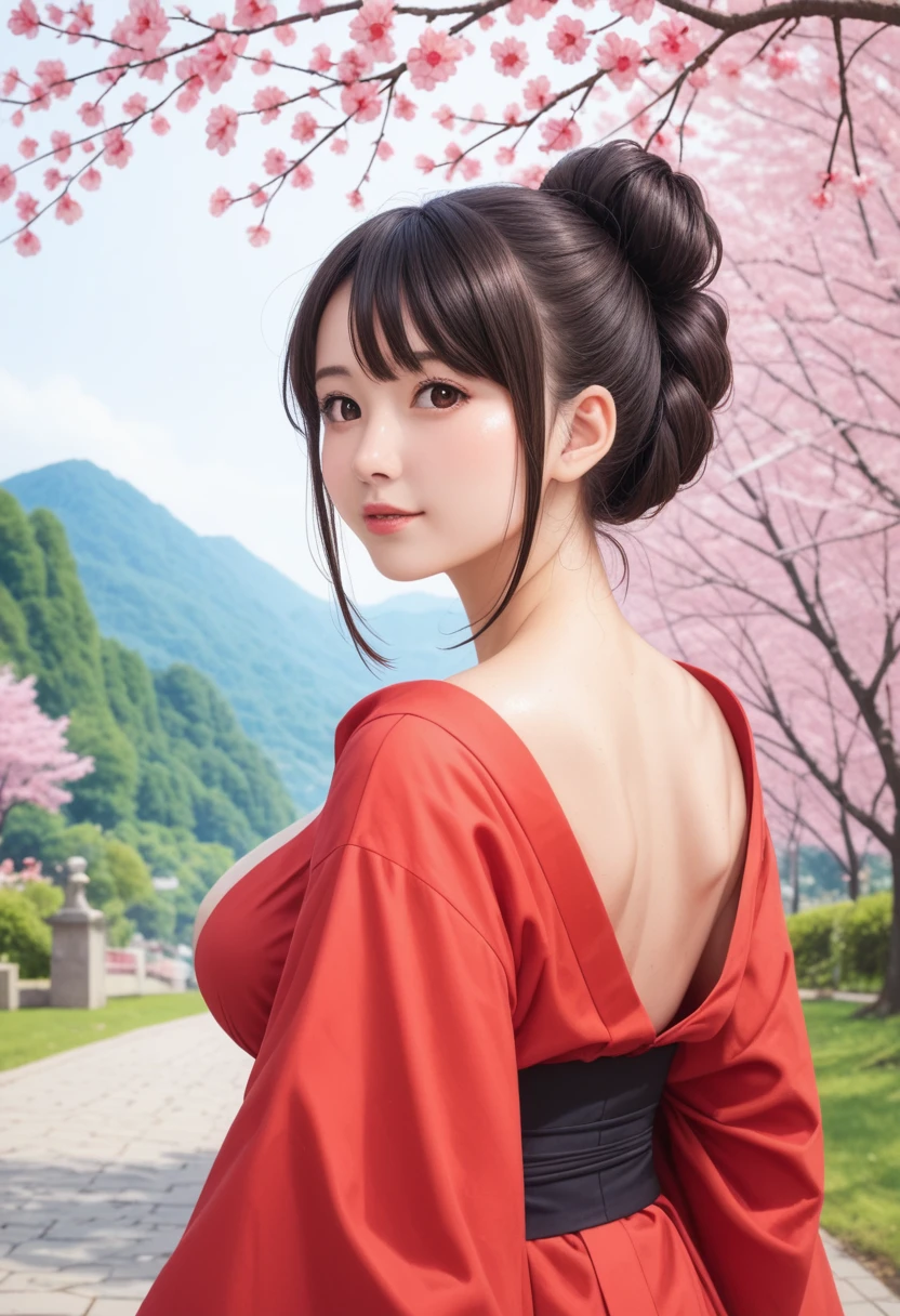 score_9,score_8_up,score_7_up,(pastel-color),(high brightness colors),Cute 20-year-old Japanese 1 girl,solo,(8k, masterpiece, ultra-detailed, best quality, ultra high res, newest, very aesthetic, absurdres, illustration, perfect composition),(hires),looking at viewer,black hair,shiny skin,fair skin,(upper body:1.5),toothless smilev,emphasizing her curvy body and large breasts,A beauty in a vibrant red kimono, gracefully looking back over her shoulder, background of cherry trees in full bloom
