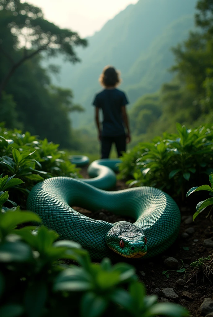heirloom snake with sharp eyes of the northern mountains of Java with the silhouette of a man with shoulder-length hair from afar