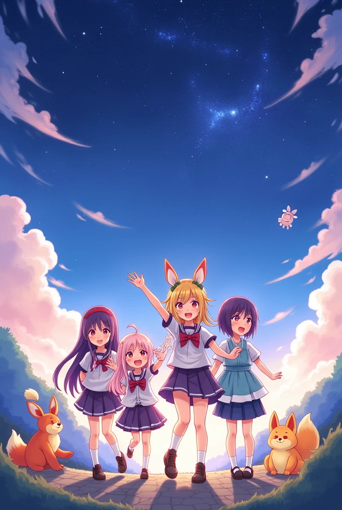 The characters in the game play together, cute anime, cool, imaginative, full of stars, cool imaginative animals.