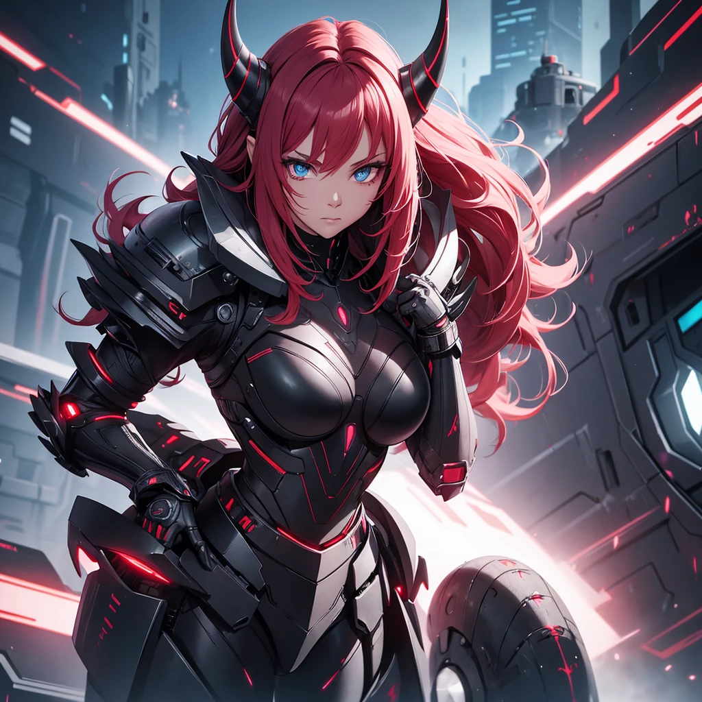 Create a female beast alien. She must have a black futuristic armor with red details, She must have the face of a 30 year old girl. She has to have futuristic horns. In addition, it must have very technological armor.. piercing eyes 
