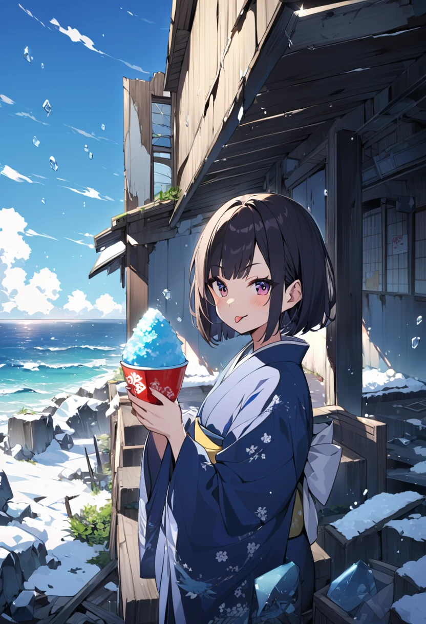 cute anime girl, holding container filled with shaved ice, dark hair, bob cut, winking, tongue out, kimono, lots of ice cubes floating around, abandoned restaurant in icy conditions, ocean view