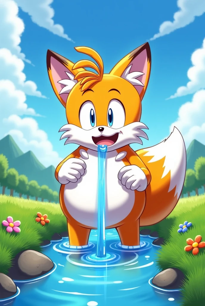 tails swallows water and has a big round belly