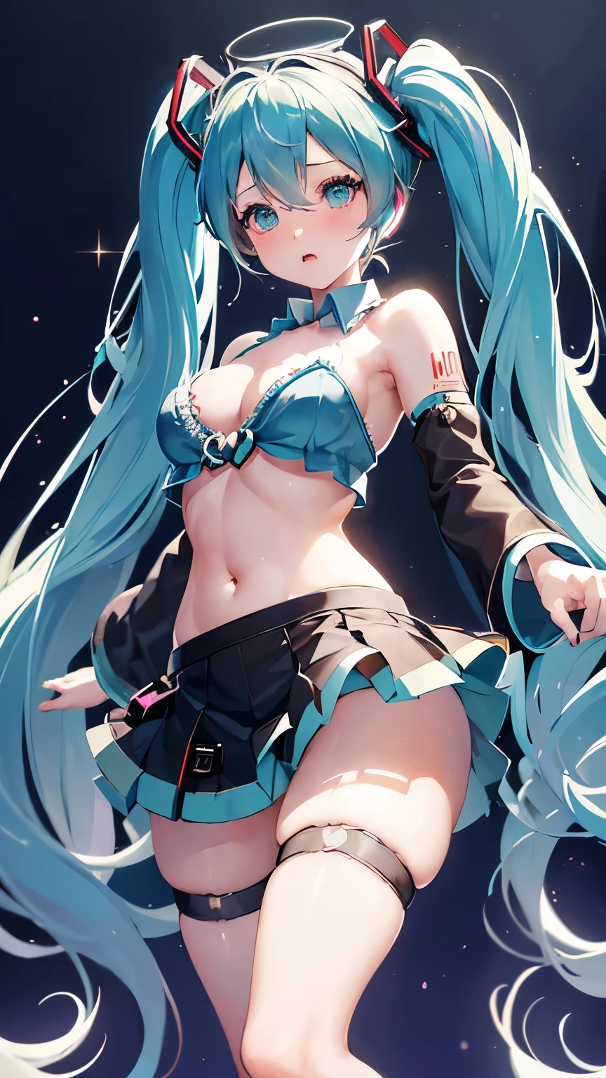 (((アニメ調cute顔))), ((((blue twin tails)))), hair ornaments、Lewd、((((Sexy Hatsune Miku costume、Show cleavage、Belly button)))), Highest quality, (Sharp details), 8k, ((cute)), (looking at the camera),,cute胸、The cleavage is noticeable、Nipples seem to be visible、I can see the pants、Height: 160 cm、Embarrassed face、Very big eyes、sparkling pupils、anatomically correct body、Big thighs、slightly muscular、((Friflimini skirt))、Light from the front、Temptation Pose、(Naughty Fishnet Stockings)、超Lewdダンス、vulgar dance hall