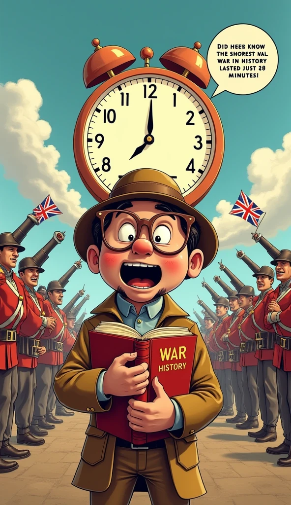 Create a playful and humorous image for a 'Did You Know?' fact about the Anglo-Zanzibar War. Show a surprised character, like a curious explorer or a scholar, holding a large book titled 'War History.' Next to them, a speech bubble reads 'Did you know the shortest war in history lasted just 38 minutes?' In the background, depict a comically short battle scene with a huge clock showing 9:02 AM at the start and 9:40 AM at the end, with the British forces already celebrating their victory. Add some exaggerated features, like overly large cannons and a bewildered Zanzibari soldier scratching his head