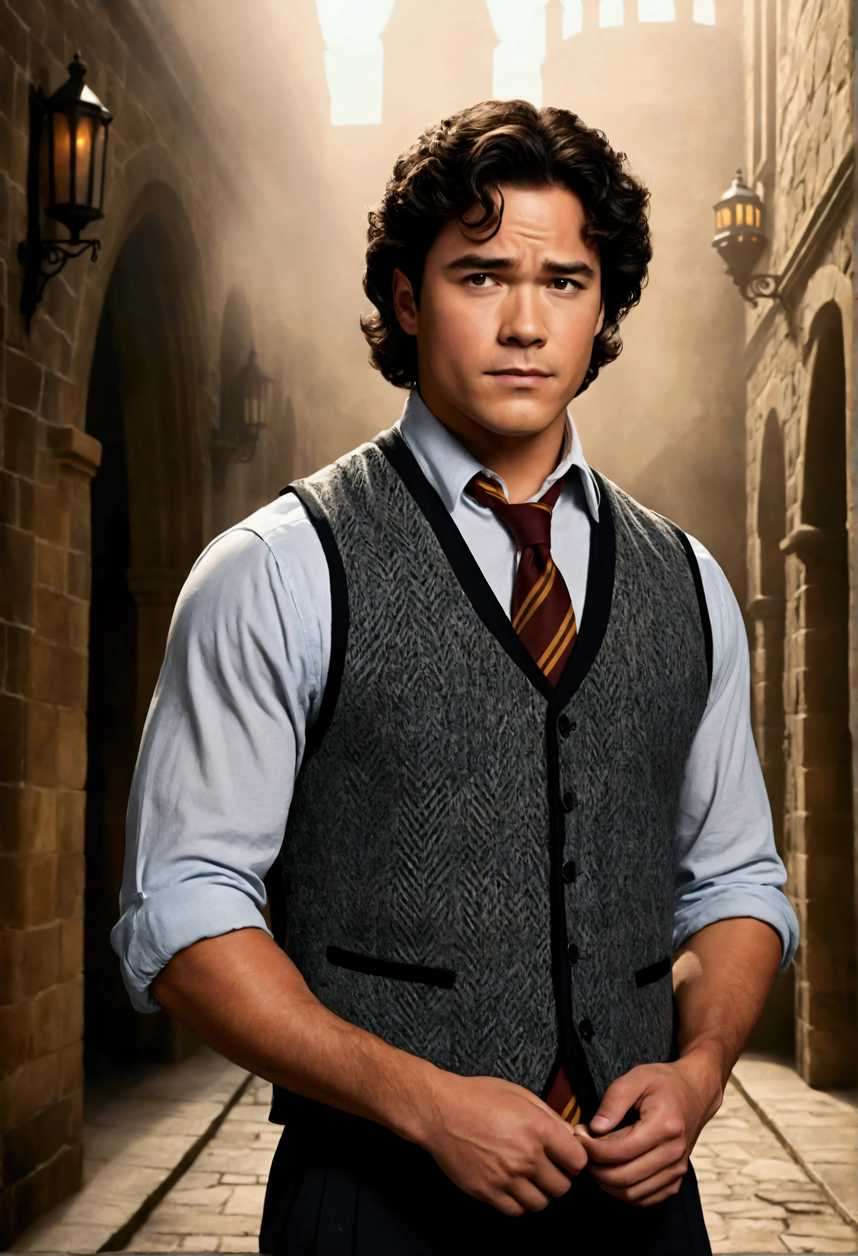 An illustrated movie poster, hand-drawn, full color, a Hogwarts Professor, 21 years old, male, brown eyes, brown-black hair, voluminous curly mane, suntan complexion, medium height, broad shoulders, stocky frame, muscular, rugged scruffy appearance, lots of body hair, resembles Dean Cain, wearing a tweed vest and slacks, standing in a Hogwarts courtyard on a foggy morning, hard shadows, graphite shading, stencil marks, airbrushed acrylic paint, masterpiece, in the style of the Deathly Hallows