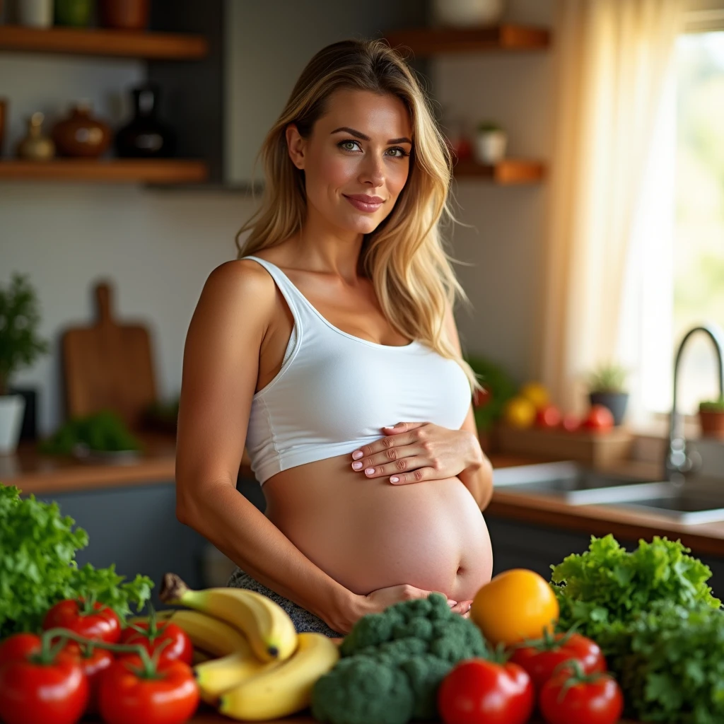 (photorealism:1:1) uma mulher bonita com uma barriga de grávida em destaque, em volta frutas verduras e alimentos saudáveis, espaço para escrever um texto na imagem, de acordo com a medicina 