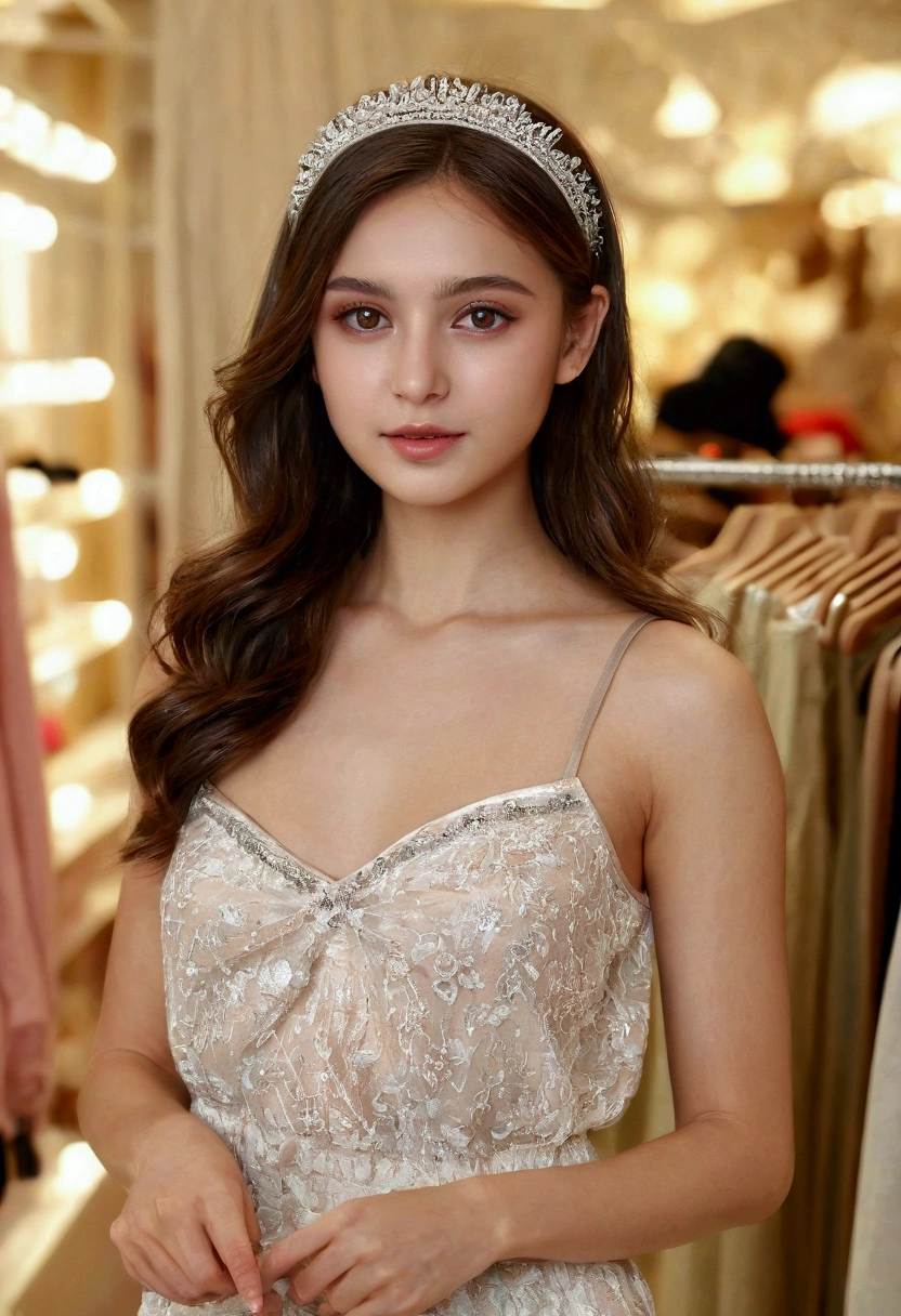 (masterpiece, best quality:1.5), highest quality, High resolution, super detailed, Realists, Full body photo of a young European brunette, detailed and beautiful brown eyes, very detailed eyes and face, longeyelashes, the young woman wears a long tank top with thin straps made of shiny satin and long tight pants, Hair bands in hair, beautiful natural makeup, elegant and noble々Pose, Gardens as background, soft daylight, bright colors, fine brushstrokes, shiny fabric for clothing, beautiful color palette, glowing skin, First-class rendering, that captures every detail, enchanting atmosphere, subtle shadows and lights, (perfect anatomy:1.2), (The stunning young woman stands in a clothing store and is excited about the selection, She leafs through the clothes, (magnificent panorama view:1.2)