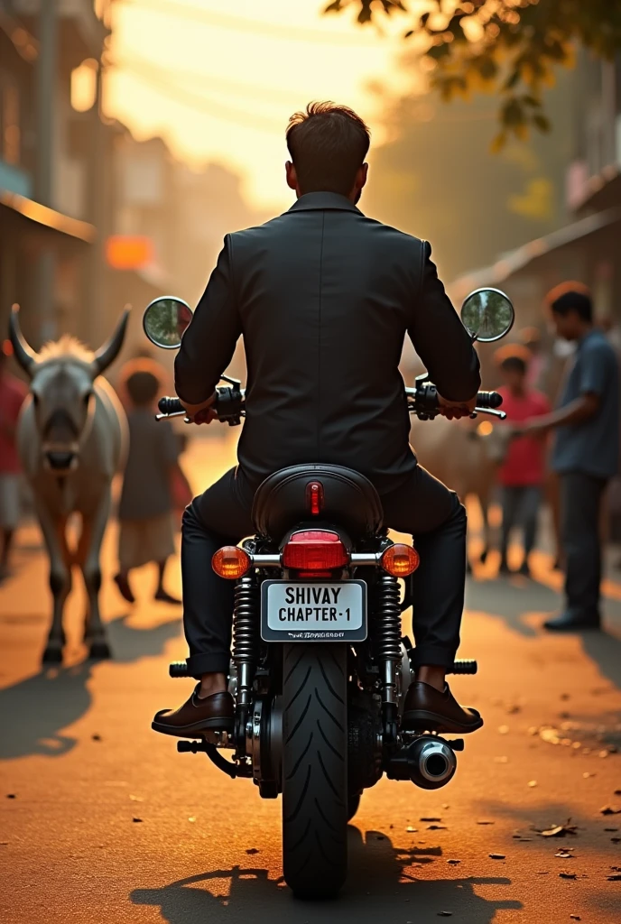 A Indian 30 years aged man going on royal Enfield bike with helmet, his back side should be displayed. Road is filled with elder neighbours, playing kids, one cow at evening. He wear sports jacket and had stylish shoes. His bike number plate has name as Shivay chapter-1