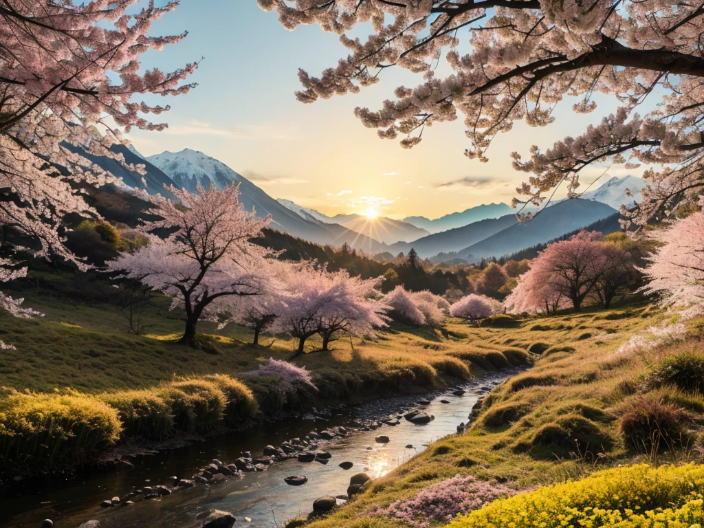 Deep Forest, Distant Mountains, Bird. 2D style, Bright and vibrant, Cherry Blossoms, sunrise can be seen in the distance, The stream is winding, There are some daffodils on the shore, sunrise