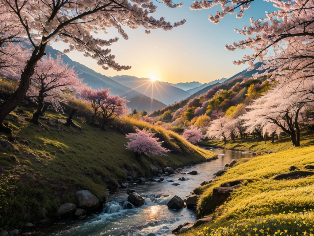 Deep Forest, Distant Mountains, Bird. 2D style, Bright and vibrant, Cherry Blossoms, sunrise can be seen in the distance, The stream is winding, There are some daffodils on the shore, sunrise