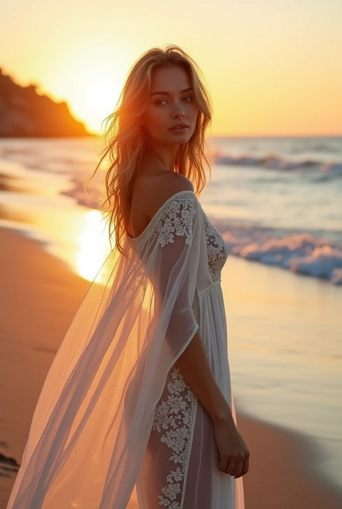 Generate the image of a woman wearing sheer see through bohemian summer off white beach dress