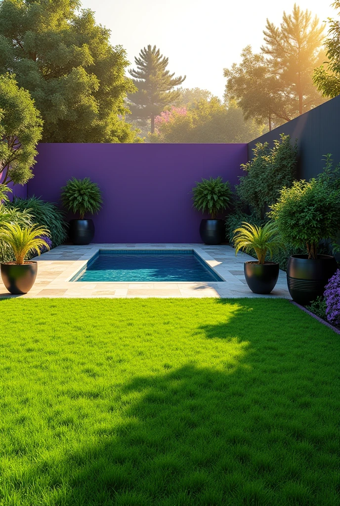 best qualityer:1.4), (ultra high resolution:1.2), (photorrealistic:1.4), (8k, CRU photo:1.2), 1 large garden. With synthetic grass. There are potted plants in the corners. An in-ground pool. The garden walls are purple and black.