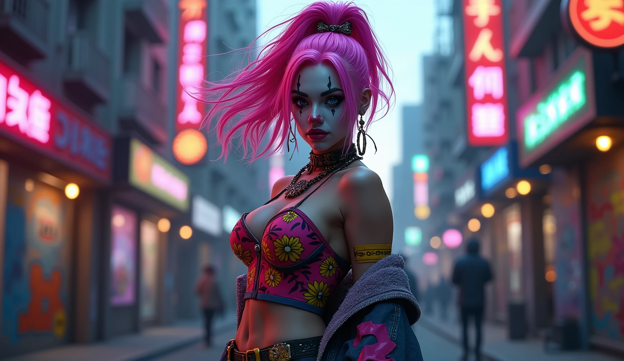"Create a 4K, ultra-realistic digital image that could serve as a background for a GTA-style loading screen. The scene should feature a highly detailed female character with a pink ponytail, wearing clown makeup. The overall aesthetic should blend the gritty, urban atmosphere of GTA with modern digital marketing elements. The background should be dynamic and visually engaging, capturing the viewer's attention with a mix of realism and surrealism. Incorporate subtle digital marketing motifs or symbols that resonate with a modern, tech-savvy audience, ensuring the image feels immersive and relevant."