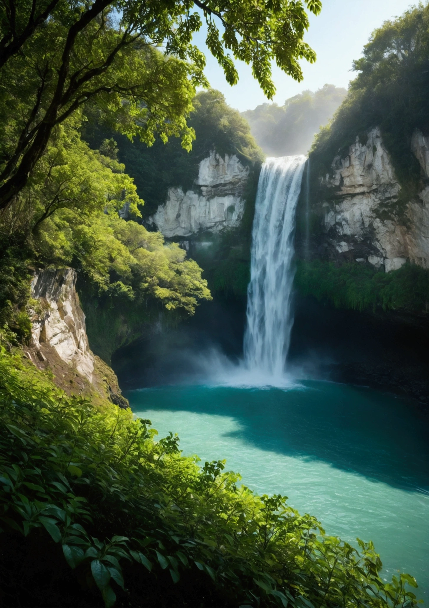 Sunlight shining through foggy leaves has a Tyndall effect，There is a waterfall under the cliff，There is a green pool under the waterfall，The water is full，Water is flowing，The water is clear and you can see many small pebbles，The water is turquoise，Makes people look cool，Very fresh and natural，Emerald green, clear gray tone,The Rule of Thirds，Maximum resolution，All the details can be seen clearly，4K