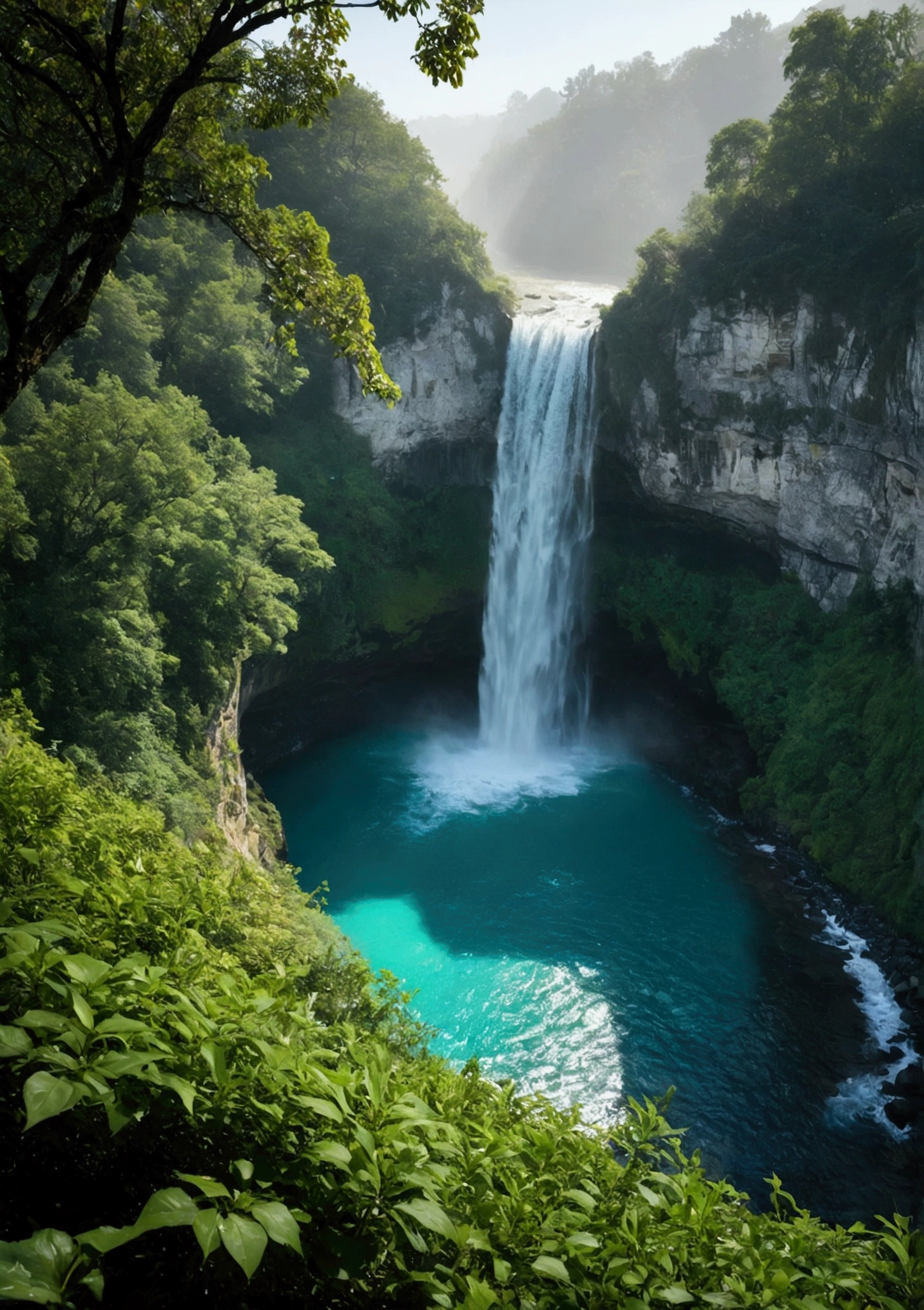 Sunlight shining through foggy leaves has a Tyndall effect,There is a waterfall under the cliff,There is a green pool under the waterfall,The water is full,Water is flowing,The water is clear and you can see many small pebbles,The water is turquoise,Makes people look cool,Very fresh and natural,Emerald green, clear gray tone,The Rule of Thirds,Maximum resolution,All the details can be seen clearly,4K