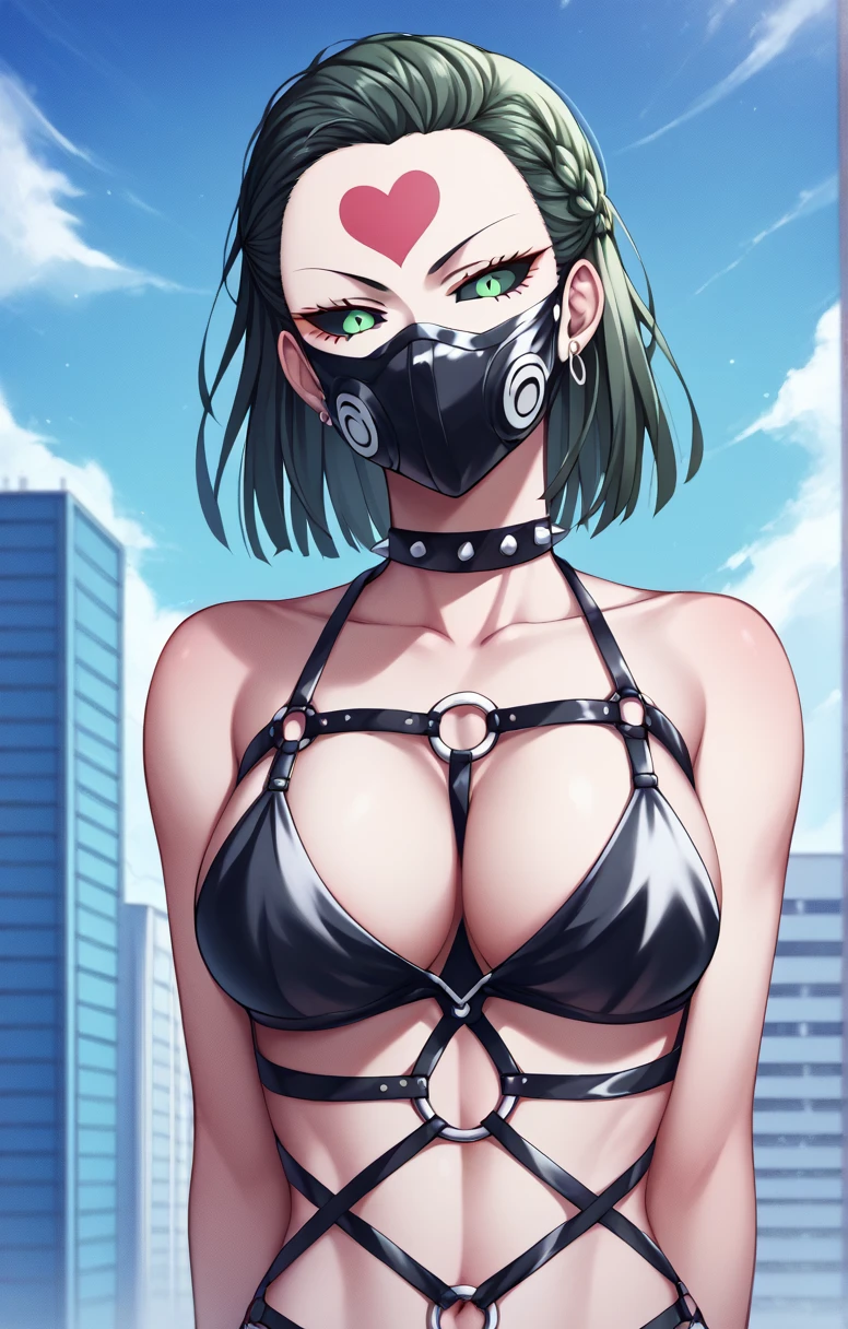 score_9, score_8_superior, score_7_superior, sauce_anime,fubuki, black hair, green eyes, short hair,、,((Partially unbuttoned)),, Sexy pose, Seductive pose, 1 person、chest、Long Hair、Blonde、mask、Bondage Costume、Colored sclera、Face mark、spike、大きなchest、Forehead mark、black sclera、spike付きの首輪、Building district