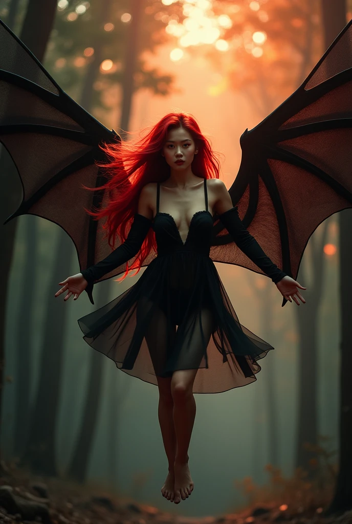 A hyper realistic, photo real, a beautiful korean girl, red lazer eyes, red long wavy hair, messy windy hair, front view, flying in the air in the dark forest, wearing black mini nightgown, bare feet, transparent dress, low cut, open wide arms, she has big black demon wings on her back, detailed wings feather, blured background, some ray of light from the tree behind, orange red backlighting, dramatic lighting, some fire and smoke flying surround it, very dark forest, dark fantasy concept, front view, sharp eyes to the viewer, angry face, she has red sharp nails on her fingers, red lips