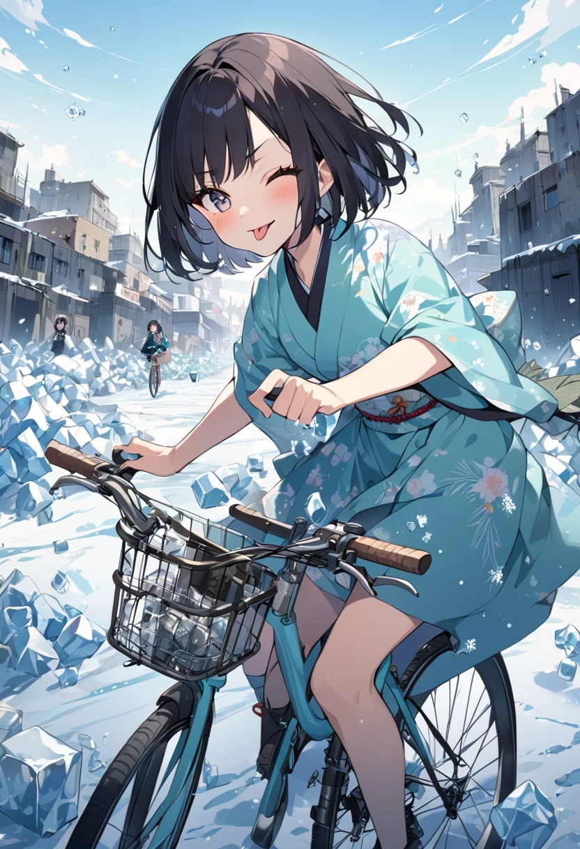 cute anime girl rides a bicycle, dark hair, bob cut, winking, tongue out, kimono, ((short cloth)), lots of ice cubes floating around, abandoned city in icy conditions,
