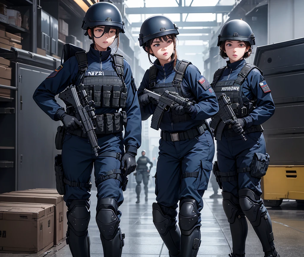 A group of female special forces soldiers wearing helmets，Navy blue uniforms、Military Pants、Knee pads、Hold a gun in both hands、Port terminals、Write details、masterpiece、best quality、Highly detailed CG、8K picture quality