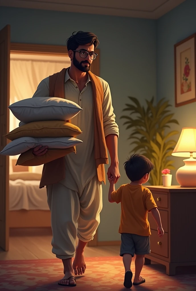 An Indian father and his son. Going to a room with rolled up bedsheets and pillow in the father's hand and the son following and looking someone back. Father wearing glasses going to his office room at night taking a lamp in the other hand.