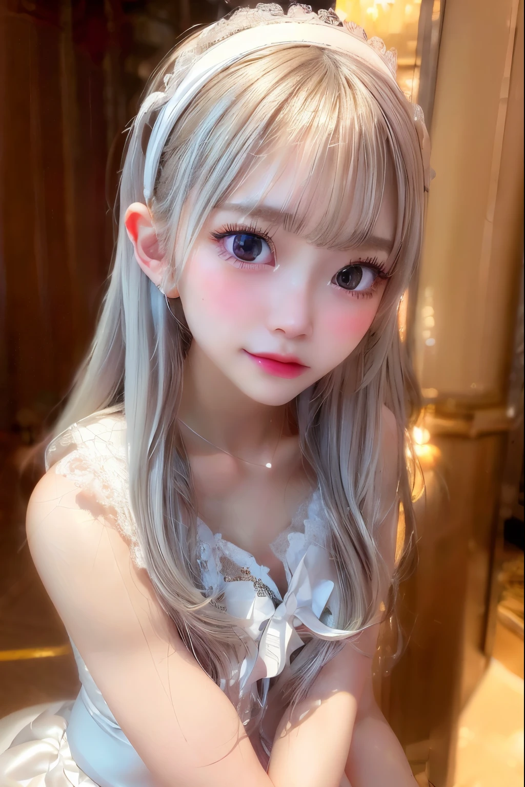 1 girl,silver straight hair, blonde, medium long hair, headband Lace with white ribbon, she is AYA MIYABI, 22 years old, Bishojo, looking at viewer, she is famous Japanese idol, kawaii, (mascara), eyeliner, almond eye, natural eyebrows, thin lips, Natural color lip, extremely detailed skin, fair skin, smile, cute, realistic face, slender face, beautiful skin, flat chest, clavicle, slender body, Forehead, delicate thighs, skinny legs, lean legs, Best quality, (8k, RAW photo, best quality, childish face, masterpiece:1.2), ultra-detailed, (realistic, photo realistic:1.37), high detail RAW color photo, an extremely delicate and beautiful, extremely detailed(Selfie:1.1), finely detail,