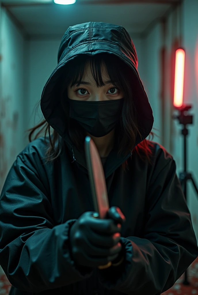 korean girl, (behind stiff, holding knife), black surgical mask, black gloves, torture chamber, , black raincoat, holding knife, bucket hat, black gloves, woman on top, looking at viewer, behind cadaver, blood splatter, night, mass murderer, killer, wavy hair, blood splatter, dark atmosphere, cinematic lighting, neon light, close-up, tripod and camera in the back, shooting with camera