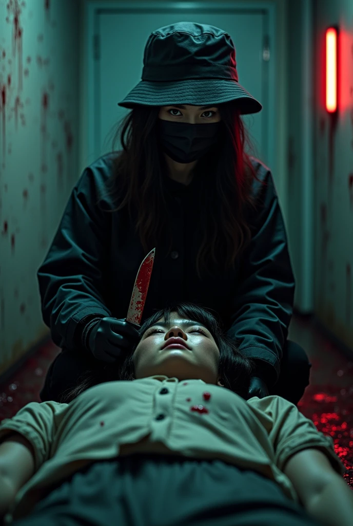 korean girl, (behind stiff, holding knife), black surgical mask, black gloves, torture chamber, , black raincoat, holding knife, bucket hat, black gloves, woman on top, looking at viewer, behind cadaver, blood splatter, night, mass murderer, killer, wavy hair, blood splatter, dark atmosphere, cinematic lighting, neon light, close-up, tripod and camera in the back, shooting with camera