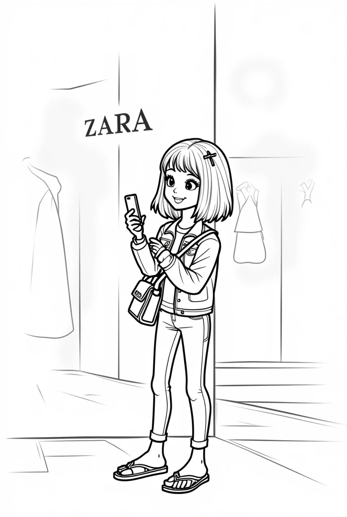 You are the manager of the Zara brand.. Create a black and white illustration for a children's coloring book: girl in jeans and a denim jacket, Crossbody Bag, in flip-flops on bare feet, hair below shoulders with clips, She has an iPhone in her hands - she is standing near a shop window with the sign Zara and taking pictures . The illustration is bright, friendly, Stylish, fashionable.