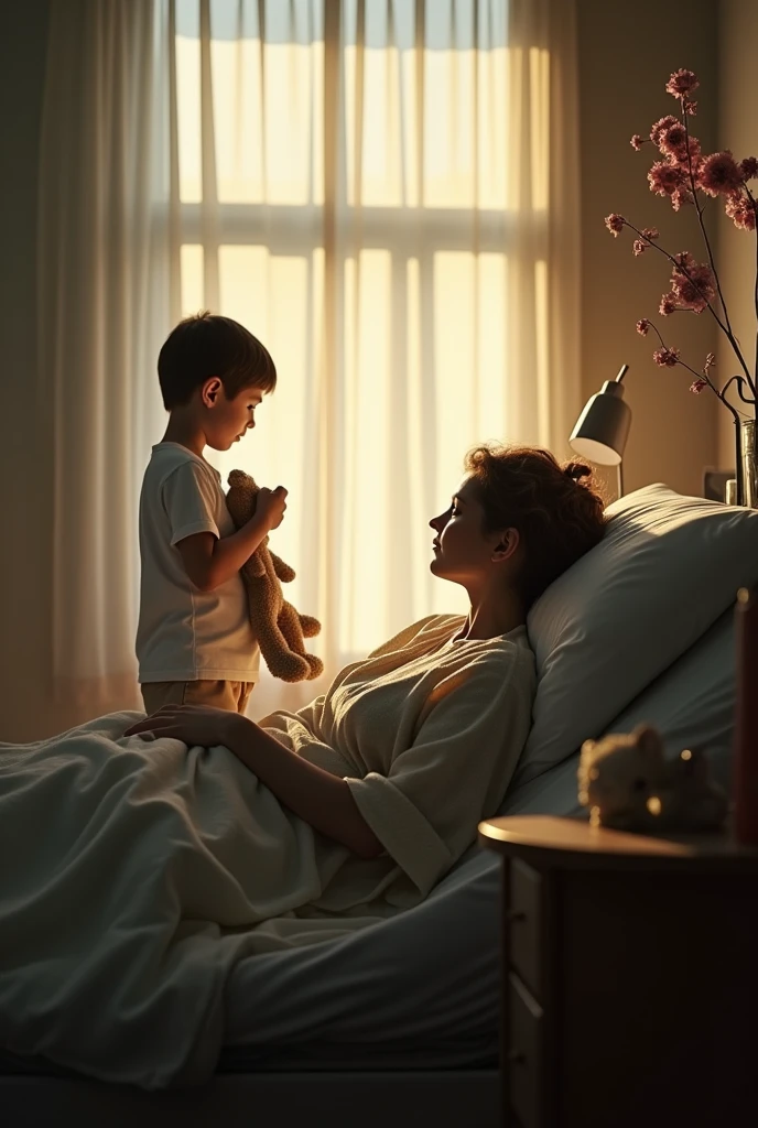 Dying mother with her son beside her silhouette