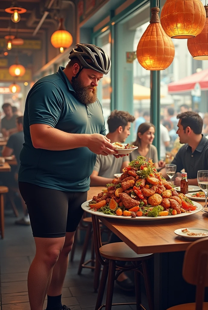 Fat cyclist standing in a restaurant eating a very large plate of lunch