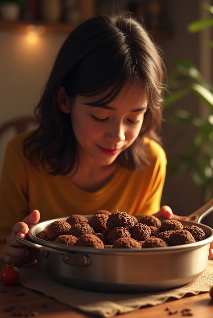 Generate an image of a person eating a pan full of brigadeiro