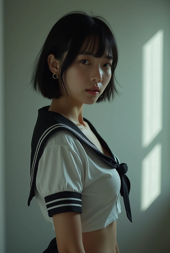 , (sweating:1.8),Stand backwards,Look back at your face,Always look at the camera, (When the uniform gets wet with sweat, it becomes transparent..:1.6),(sweating:1.4),(Nipples are visible:1.9),
Classic black and white sailor uniform,Summer clothes,Cold look,Cold Stare,Black Hair,short hair,Tie your hair short,
(Detailed RAW photos of the girl's whole body), Canon EOS R5 250mm, Sharp focus, Cinema Lighting, (No makeup:1.2), Fine skin, Delicate collarbone,Fine texture of the sailor uniform,Very Realistic sailor uniform texture,(Ultra-high resolution:1.6), (Realistic:1.6),