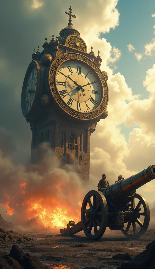 A giant clock is shown battling against an oversized cannon, with the cannon firing a single shot while the clock’s hands move quickly from 9:02 AM to 9:40 AM.