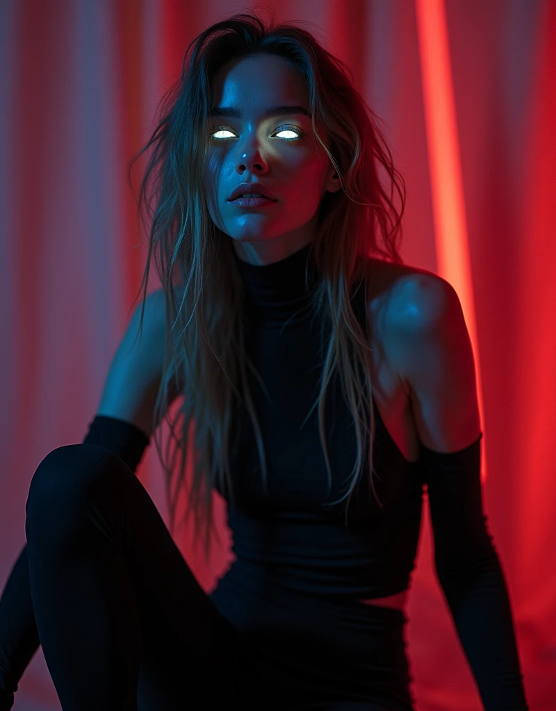 Fashionable of androgynous alien looking witch, glowing eyes, beautiful evil slavic muscular woman, pale skin, long light brown hair, futuristic design, minimal details, givenchy, photoreal, 200mm, hd, f/ 2.0, highly detailed, surreal, sitting, light smile, simple black stylish clothes, a slight smiledrop dead, in the style of red and blue, (intricate details, hyperdetailed:1.15) (skin texture:1.2), cinematic, professional, 4k, (((dynamic model pose))), sitting, full body, mesmerizing, dynamic, dramatic, sensual, dynamic pose, highly detailed skin with hair, subcutaneous veins, light and shadow play, highly detailed,24mm photograph, film, bokeh, professional, 4k,