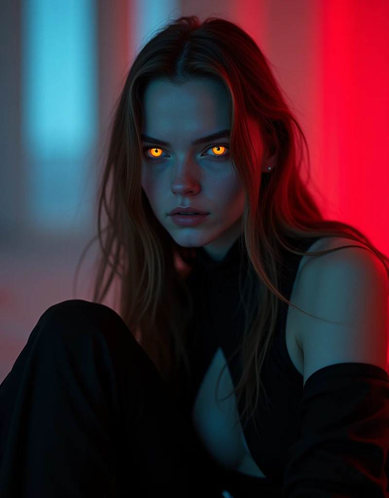Fashionable of androgynous alien looking witch, glowing eyes, beautiful evil slavic muscular woman, pale skin, long light brown hair, futuristic design, minimal details, givenchy, photoreal, 200mm, hd, f/ 2.0, highly detailed, surreal, sitting, light smile, simple black stylish clothes, a slight smiledrop dead, in the style of red and blue, (intricate details, hyperdetailed:1.15) (skin texture:1.2), cinematic, professional, 4k, (((dynamic model pose))), sitting, full body, mesmerizing, dynamic, dramatic, sensual, dynamic pose, highly detailed skin with hair, subcutaneous veins, light and shadow play, highly detailed,24mm photograph, film, bokeh, professional, 4k,