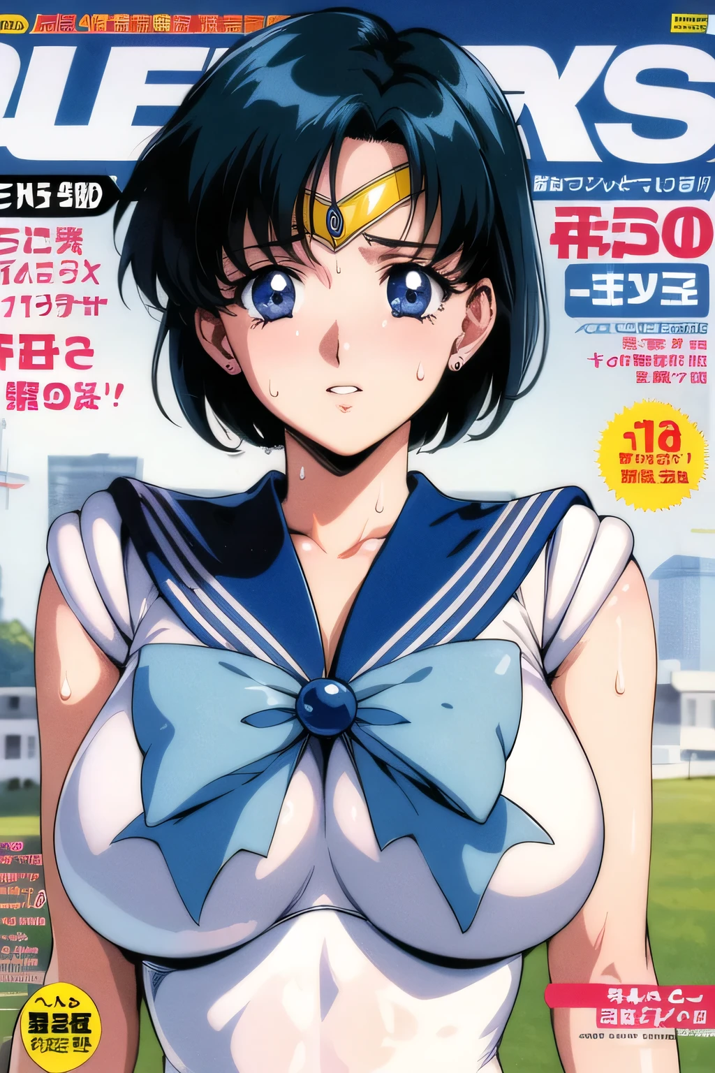 masterpiece, Highest quality, High resolution, Sailor Mercury 1990s \(style\),、(Big Breasts)、Sweating all over the body、vapor、、Magazine Cover