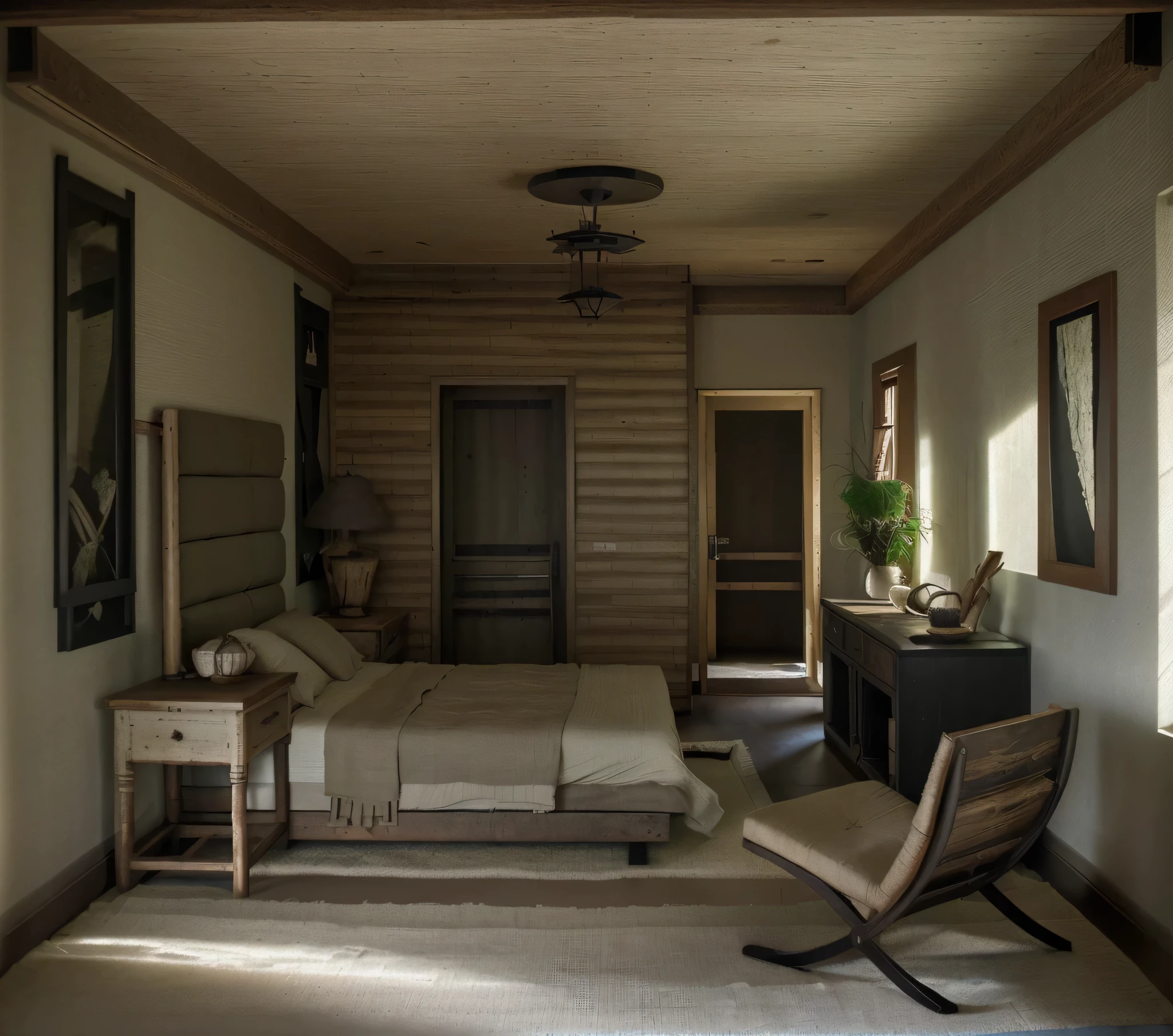 interior bedroom, (wabi-sabi style), natural materials, rough textures, earthy tones, simple decor, linen bedding, minimalistic, handmade elements, asymmetry, serene, rustic simplicity, wood floor, wood ceiling, (black wood furnitures:1.2), wood door, lamp, floor lamp, potted plant, ((realistic)), high quality, ((masterpiece))