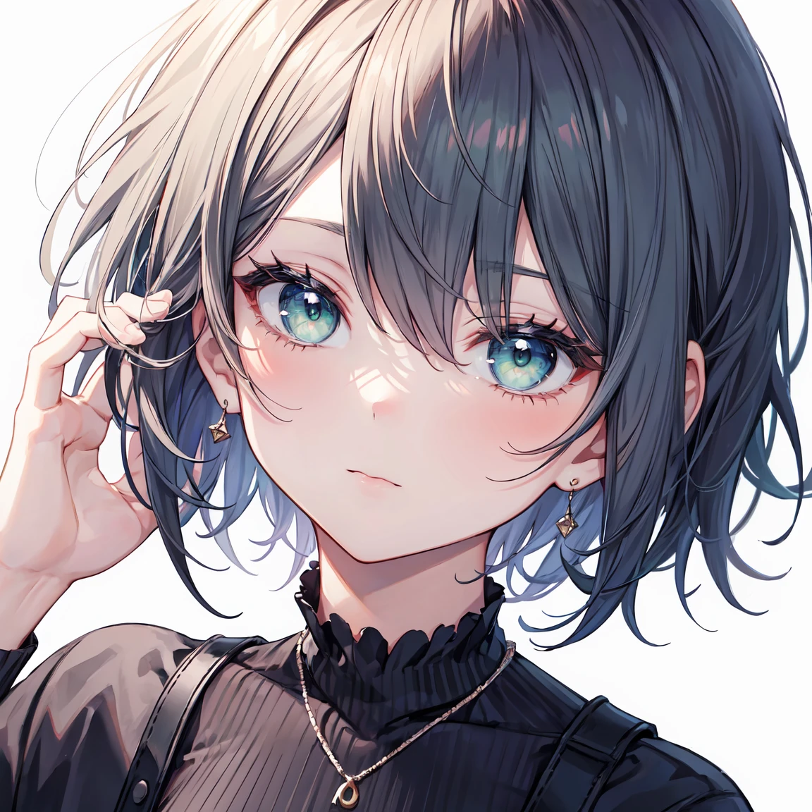 (masterpiece, best quality, ultra high quality:1.1), ((portrait)), 1girl, solo, young girl, blue short hair, wearing mordern casual clothes, simple white background, green eyes, looking at viewer, white background