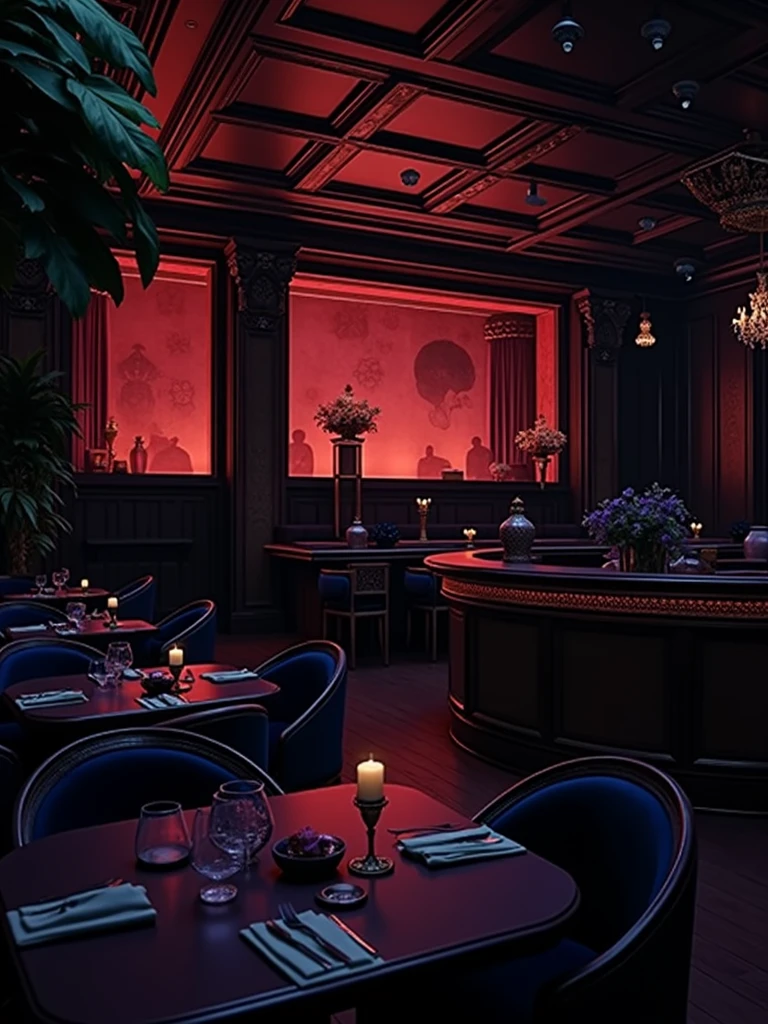 there is a room with tables and chairs, detailed an empty jazz cafe, ballroom background, random background scene, neo - noir setting, red room, nightclub, stage background, vip room, rich atmosphere, theatrical scenery, theater stage, empty stage, palatial scene, fancy restaurant, rich cinematic atmosphere, va-11 hall-a
