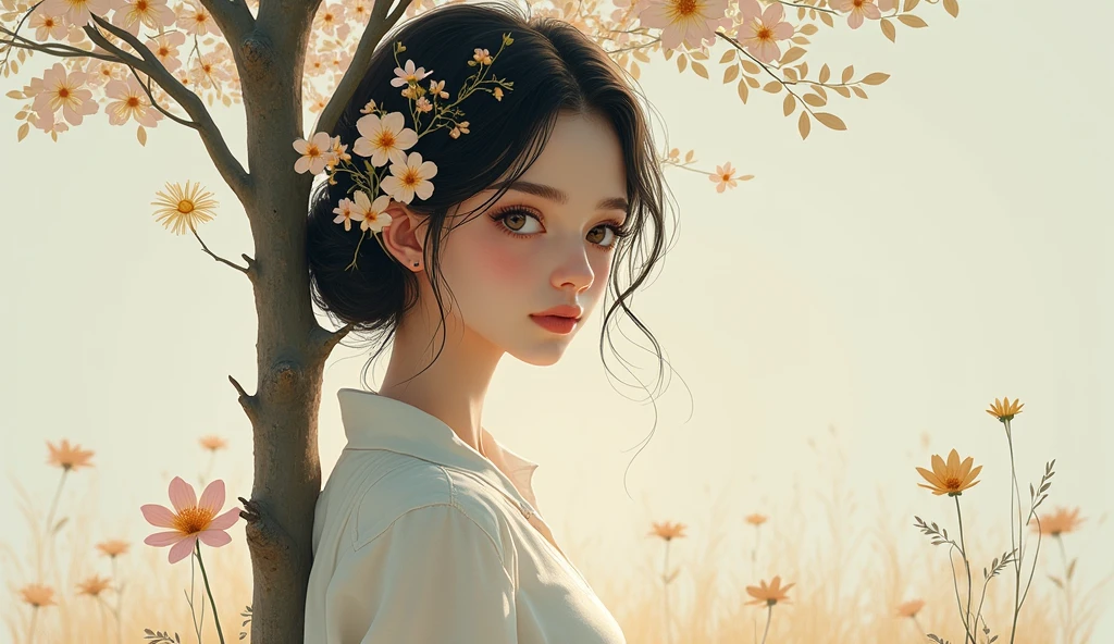 1 girl, standing alone, work of art, high qualiy, trunk, meal, looking ahead at viewer, ayesha altugle, flowers, hair flowers, simple background, 