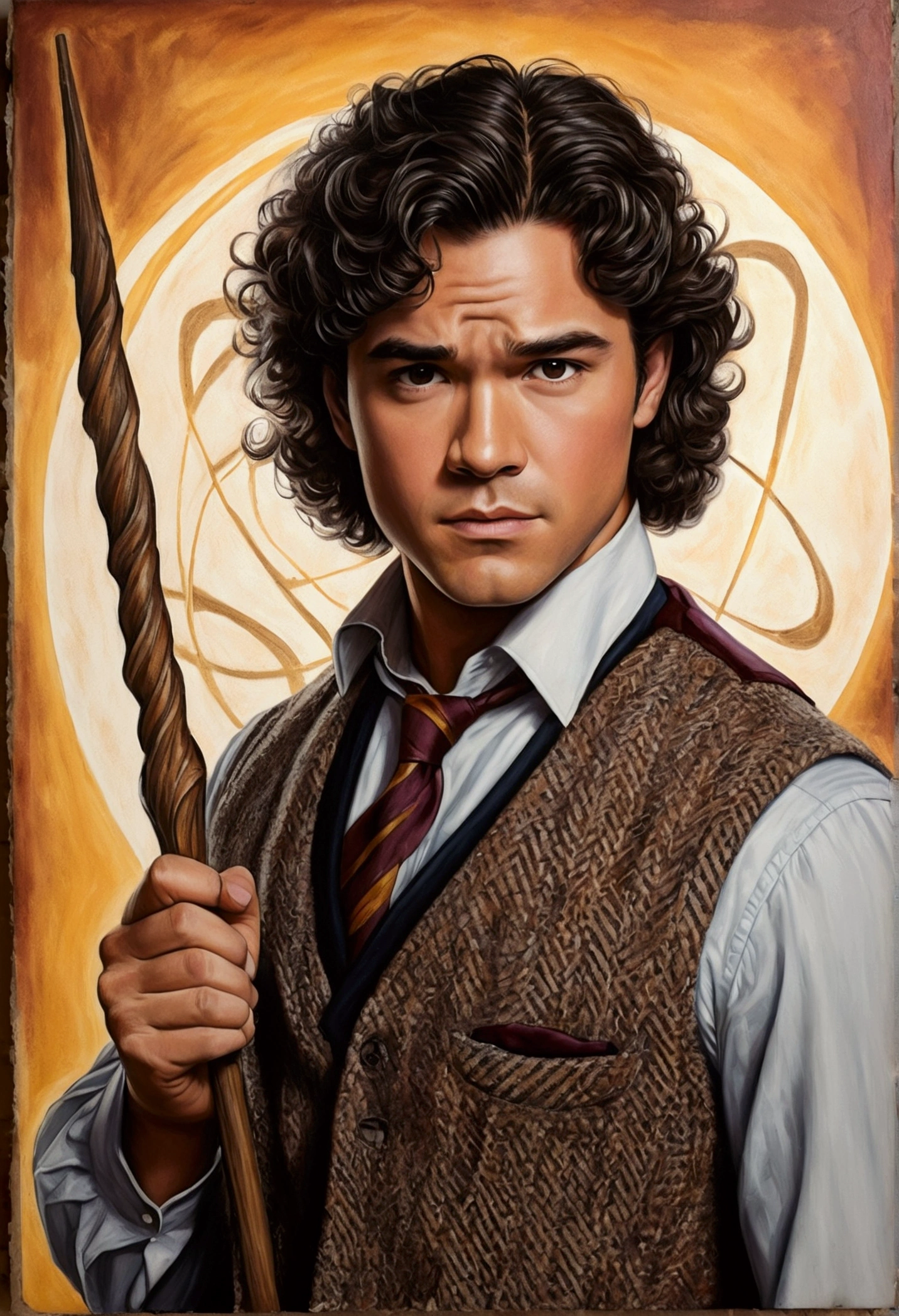 An illustrated movie poster, hand-drawn, full color, a Hogwarts Professor, 21 years old, male, brown eyes, brown-black hair, voluminous curly mane, suntan complexion, medium height, broad shoulders, stocky frame, muscular, rugged scruffy appearance, lots of body hair, resembles Dean Cain, wearing a tweed vest and slacks, posing with his wand raised, hard shadows, graphite shading, stencil marks, airbrushed acrylic paint, masterpiece, in the style of the Deathly Hallows