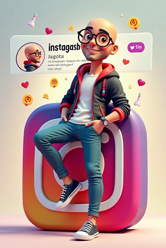 " Create a 3D illustration of an animated character, a bald man with glasses sitting casually on top of social media logo " instagramart". The character should wear modern casual clothes, Clara wears jeans, jaket, tennis.. The background of the image is a social media profile page with username "NN Graphic Design" and a profile picture that matches the animated character. "