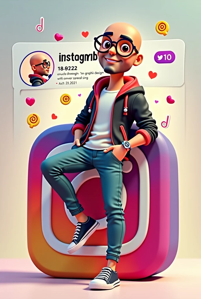 " Create a 3D illustration of an animated character, a bald man with glasses sitting casually on top of social media logo " instagramart". The character should wear modern casual clothes, Clara wears jeans, jaket, tennis.. The background of the image is a social media profile page with username "NN Graphic Design" and a profile picture that matches the animated character. "