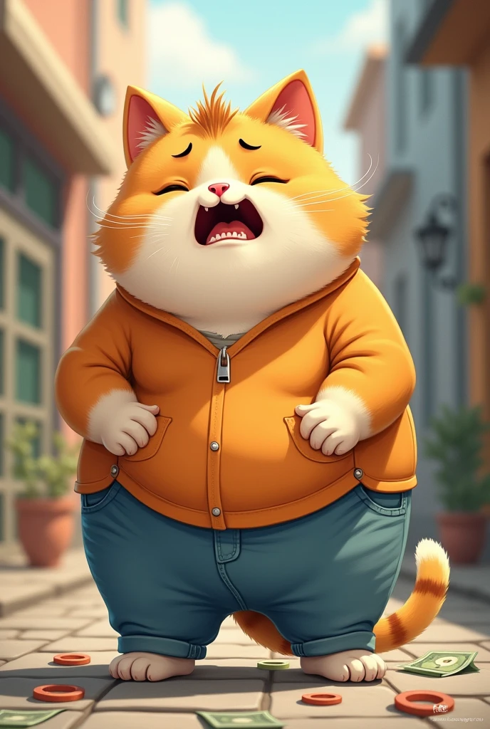 The chubby cat discovers that she has lost all her money, looking frantically through her pockets