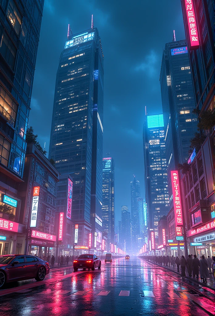 A Japanese city with futuristic style with several mirrored buildings with vibrant lighting and many twinkling lights in the realistic style of ultra HD signs beautiful wallpaper set of images and realistic buildings with gleaming license plates