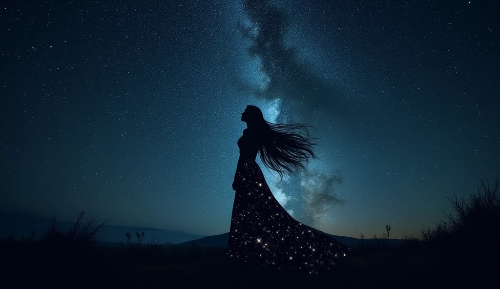 (RAW photo, realistic photo, high quality, masterpiece), Starry Sky, stars in the sky, stars form the outline of long hair woman in the sky