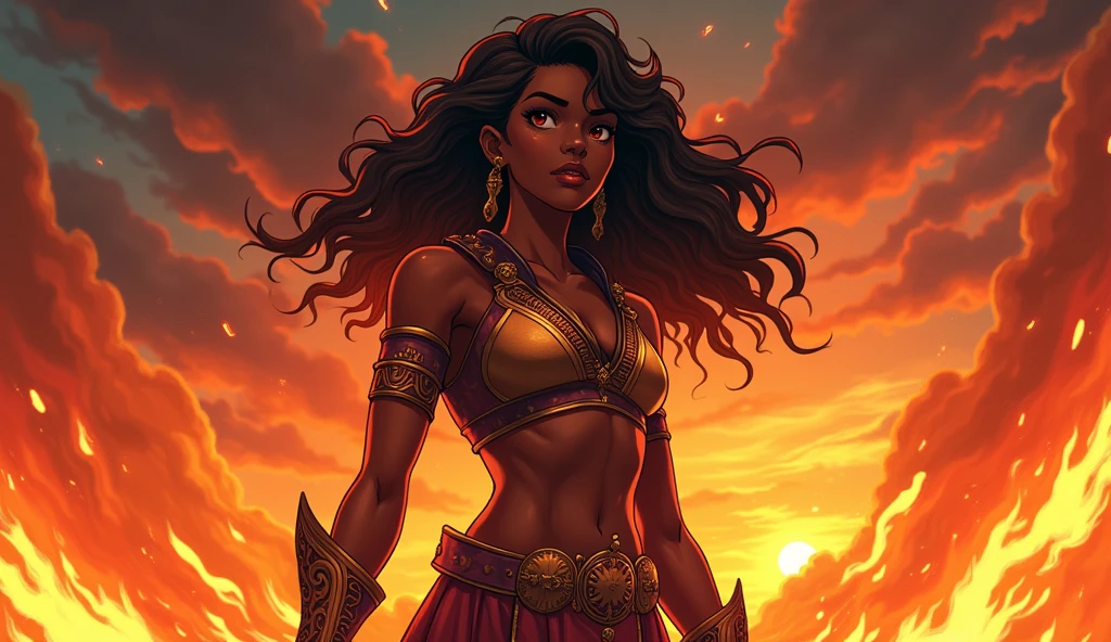 Create a powerful and emotionally charged image of a black anime woman in the anime style of Aaron McGruder standing amidst a backdrop of roaring flames. Her stance is strong and determined, with glowing embers swirling around her. The flames illuminate her dark skin, making it glisten with a radiant glow. Her eyes are filled with resolve, reflecting the fire around her, while her hair flows wildly as if caught in the heat. She is adorned in a battle-worn yet regal outfit with intricate patterns, symbolizing strength and resilience. The background should show a landscape of both destruction and hope, with the fire representing challenges she has overcome and a glimpse of the dawn breaking in the distance, symbolizing the new beginnings that await her. The scene should be vibrant, dynamic, and full of emotional depth, capturing the essence of triumph and perseverance