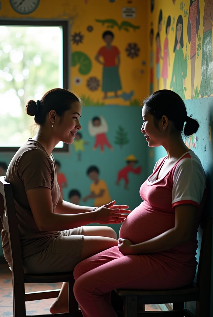 Community health nurses in a poor rural area a barangay in the Philippines helping a mother for a prenatal check-up inside a barangay clinic especially those who often do not opt for check up